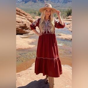 Maxi Dress Maroon, black &ivory
embroidery,Pockets  Fully lined